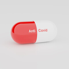 3d render of white and red pill, close up. Medical concept of Virus Pandemic Protection, Coronavirus COVID-19