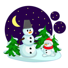 Two cute snowmen in a forest clearing