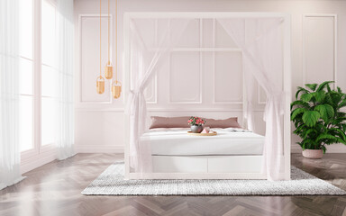 Minimalist classic bedroom, pink tone interior design, 3d illustration