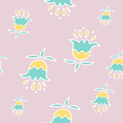 Delicate pink minimalistic vector pattern. The ornament is in the form of flowers of delicate pink and blue flowers with petals consisting of smooth contours. Abstract universal image