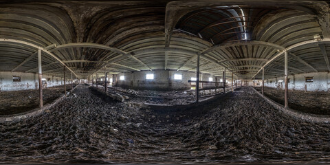 360 hdri panorama inside abandoned ruined wooden decaying cowshed with rotting columns or old...
