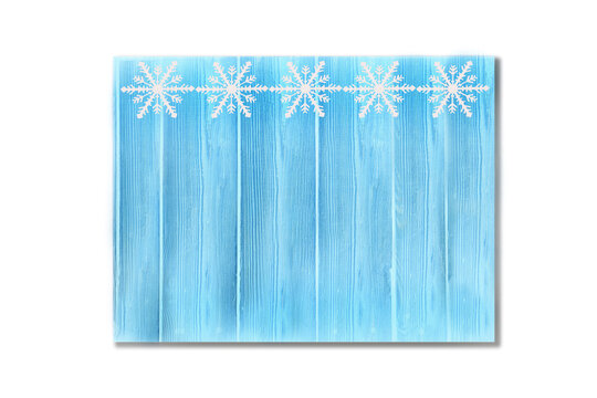 Winter Wooden Light Blue Nature Background With Snowflakes Top. Texture Of Painted Wood Vertical Boards On A White Background. Christmas, New Year Card With Copy Space. 