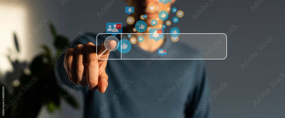 Poster businessman clicking internet search page on virtual screen.searching browsing internet data, inform