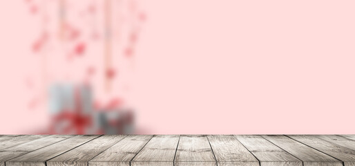 Bokeh background with empty wooden deck table for product montage display