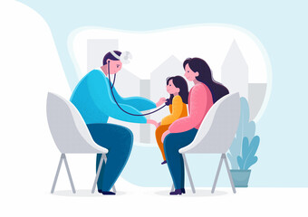 Checkup at the children's doctor. Pediatrician examines a sick girl. Child with mom at the pediatrician or otolaryngologist’s office. Vector stock illustration with people on chairs. Flat style.