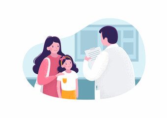 Pediatrician talking with child patient and mom. Pediatric checkup of the child. Girl and mother at the doctor’s appointment. Vector stock illustration isolated on white background. Flat style.