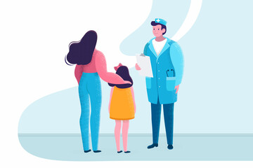 Pediatric and child with mother. Girl making a checkup at the doctor’s office. Doctor with stethoscope says the diagnosis. Happy patients. Vector stock illustration isolated. Flat style.