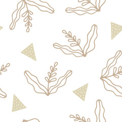 Fototapeta na wymiar Calm minimalistic vector pattern on the theme of autumn, harvest, leaves, ears, wheat and agricultural crops. Pleasant pastel colors of a delicate range and smooth contours of images