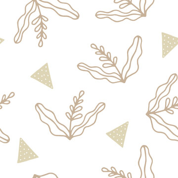 Calm minimalistic vector pattern on the theme of autumn, harvest, leaves, ears, wheat and agricultural crops. Pleasant pastel colors of a delicate range and smooth contours of images