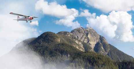 Fototapeta na wymiar Airplane flying over the mountain landscape during cloudy day. Adventure Concept. 3D rendering plane. Background from Hope, British Columbia, Canada.