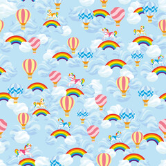 Fototapeta na wymiar Vector Cotton Candy Clouds Hot air Balloons Rainbows and Unicorns seamless pattern background. Perfect for fabric, scrapbooking, wallpaper projects