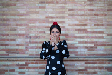 Spanish, beautiful, brunette flamenco dancer in a typical flamenco dress with white polka dots. She is dancing on a background of brown bricks in Seville.Flamenco concept cultural heritage of humanity - obrazy, fototapety, plakaty