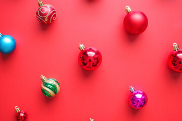 Christmas ball bauble pattern minimal flatlay on red background top view