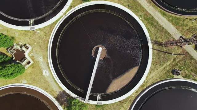 Sewage treatment plant. Sedimentation round tank or clarifier in modern sewage or wastewater treatment plant