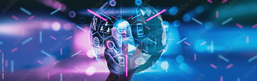 Poster metaverse digital cyber world technology concept businessman working with virtual digital dashboard 