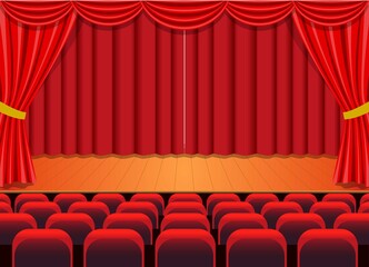 drama theater stage with glamor red curtain and spectacle