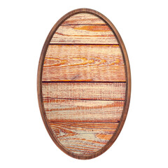 Wooden frame. Empty vintage oval frame with brown boards isolated on white background. Round blank...