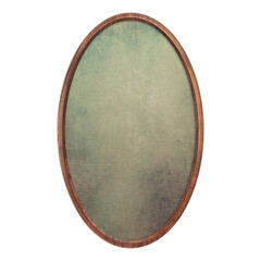Wooden frame. Empty oval frame with green abstract fill texture isolated on white background. Round...