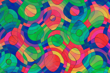 青ベースに明るいマルチカラーの円と曲線の水彩テクスチャー模様