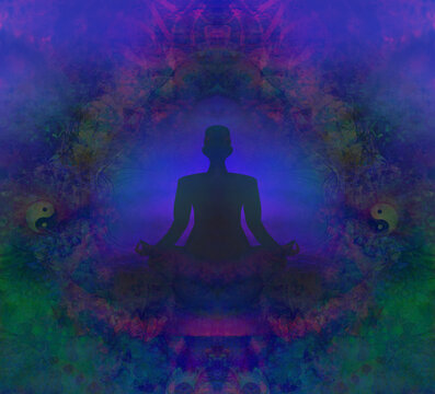 Man silhouette meditate, yoga decorative card