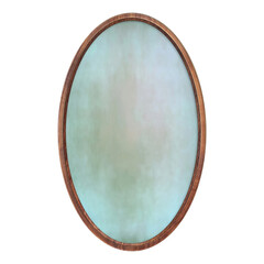 Wooden brown frame. Empty oval frame with blue abstract fill texture isolated on white background....