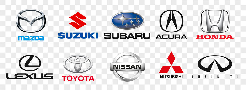 Kiev, Ukraine - November 11, 2021: Collection of Japanese car logos printed on white paper: Mazda, Honda, Mitsubishi, Toyota, Nissan, Subaru, Suzuki, Acura, Lexus, Infiniti
