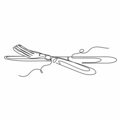 Vector continuous one single line drawing icon of old fork and knife in silhouette on a white background. Linear stylized.