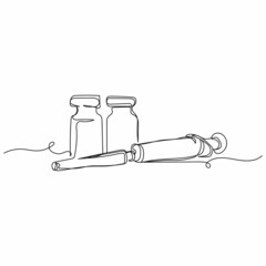 Vector continuous one single line drawing icon of medical vials and syringe in silhouette on a white background. Linear stylized.