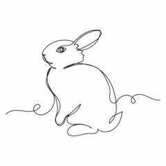 Vector continuous one single line drawing icon of little rabbit bunny sits Easter concept in silhouette on a white background. Linear stylized.