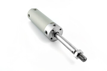 Closeup photo of a pneumatic air cylinder with a thread and nut on the end, isolated on a white...