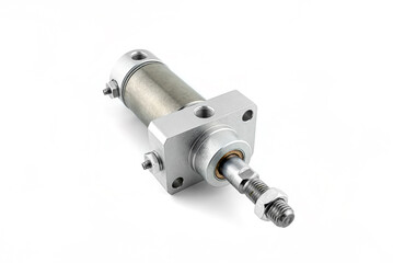 Closeup photo of a pneumatic air cylinder with a thread and nut on the end, visible screw-in air...