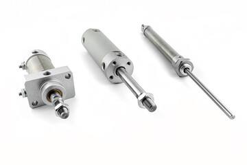 Three pneumatic air cylinders with thread and nut at the end, visible screw-in air dampers, isolated on a white background. - obrazy, fototapety, plakaty