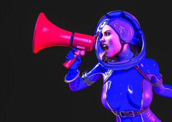 super astronaut girl is shouting and protesting holding a megaphone on dark background © DM7