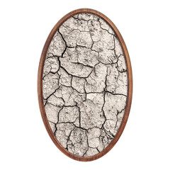 Wooden frame. Empty oval frame with old cracked paper texture isolated on white background. Oval blank frame. Signboard mockup. Bulletin board.