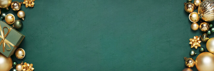 Christmas green banner with golden decoration, holiday festive frame