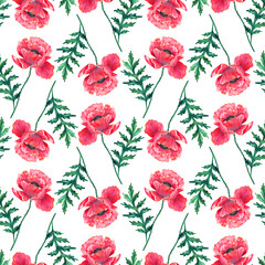 Seamless pattern with red poppy flowers. Watercolor papaver. Green stems and leaves. Hand drawn botanical illustration. On white. Texture for print, fabric, textile, wallpaper.