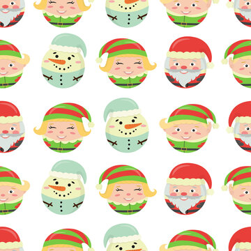 Seamless New Year's Eve pattern with cheerful Santa Claus, elves and a snowman in the form of balls 
for the Christmas tree. Vector image