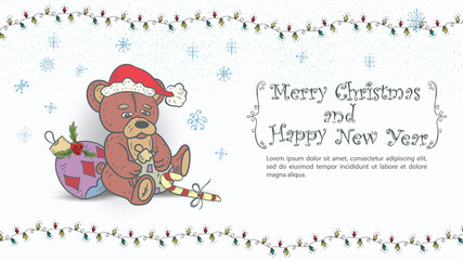 Christmas and New Year illustration for design greeting inscription in a frame a teddy bear toy in a Santa Claus hat holding a Christmas ball in its paws