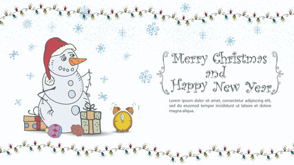 Christmas and New Years illustration for the design greeting inscription in a frame A snowman in a Santa Claus hat stands among the gifts