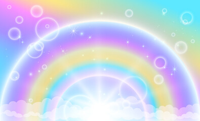 Fantasy background of magical blue sky with white clouds, rainbow and sparkling stars. Vector illustration.