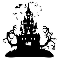 Silhouette of a sinister castle with tree branches for Halloween.