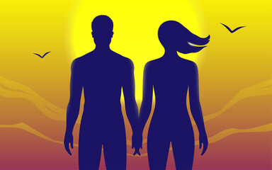 Young couple holding each others hands on sunset, or sunrise peaceful landscape background with a big bright sun and flying birds. Adam and Eve concept vector illustration. - obrazy, fototapety, plakaty