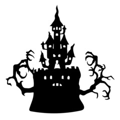 Silhouette of a sinister castle with tree branches for Halloween.