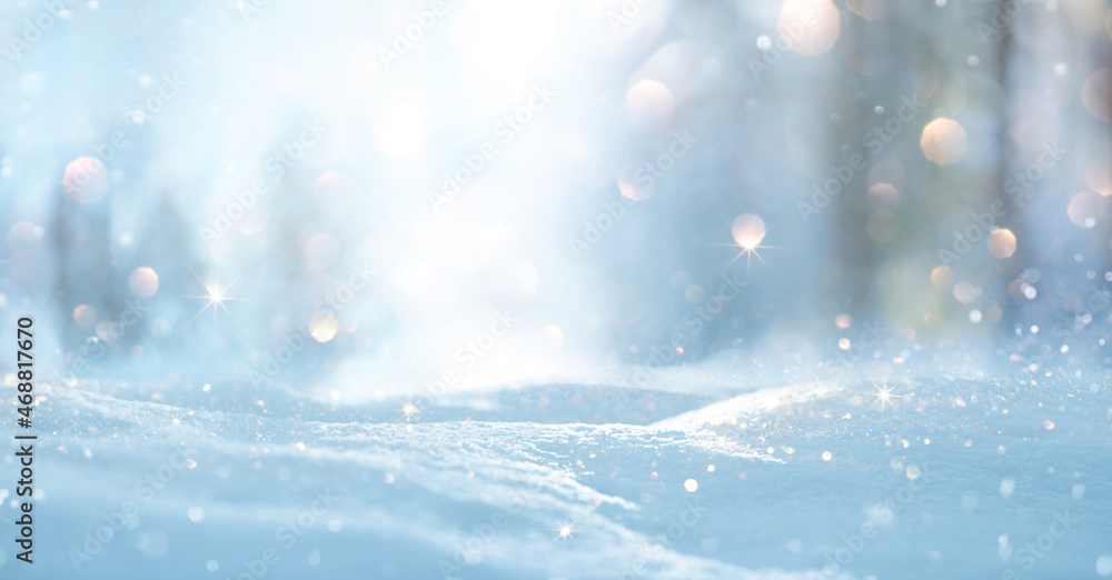 Poster winter landscape with snowflakes and bright bokeh