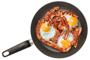 Freshly Fried Crispy Bacon and Eggs in Non-Stick Frying Pan Isolated on White Background