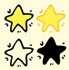 yellow sign of stylized stars.a set of simple asterisks Isolated outline of a star in the style of doodles, a black outline and a silhouette with strokes around on yellow for a design template.