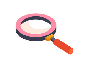 Concept of magnifying glass. Large loupe, information search metaphor. Training, selfdevelopment. Search for employees, recruitment of new people, hiring. Cartoon isometric vector illustration