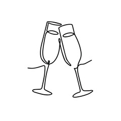One line champagne glasses. Continuous linear couple wine glasses clink. Wedding party cheers. Minimalism new year celebration vector concept