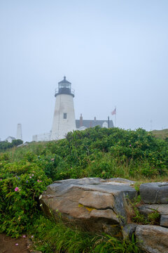 A Vertical image of the old and historic Pemaquid Lighthouse in Maine on a foggy morning