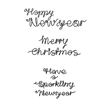 Handwritting lettering set. One line quotes. Merry christmas , happy new year. Have a sparkling New Year. Continuos linear vector concept